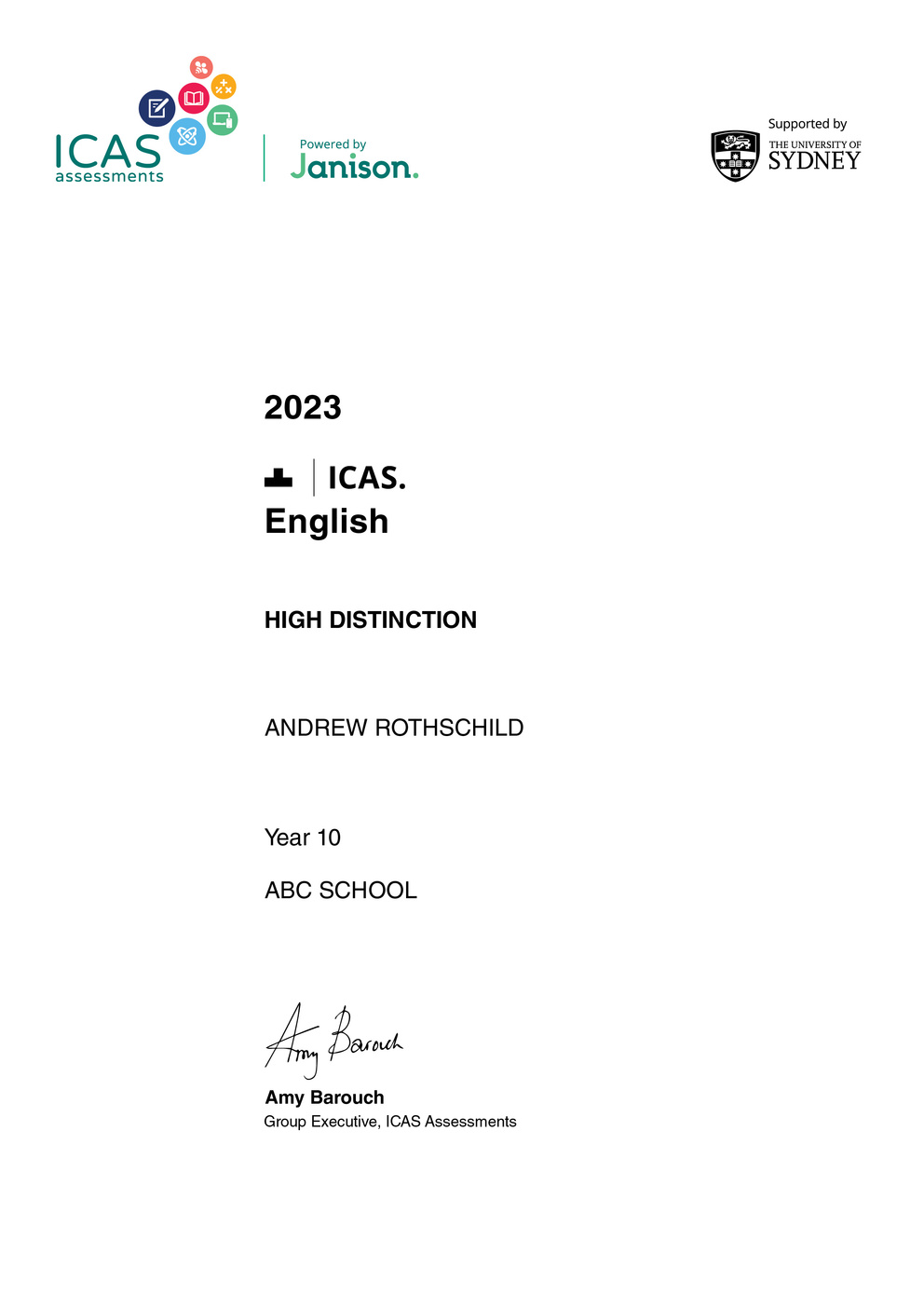 Sample ICAS certificate